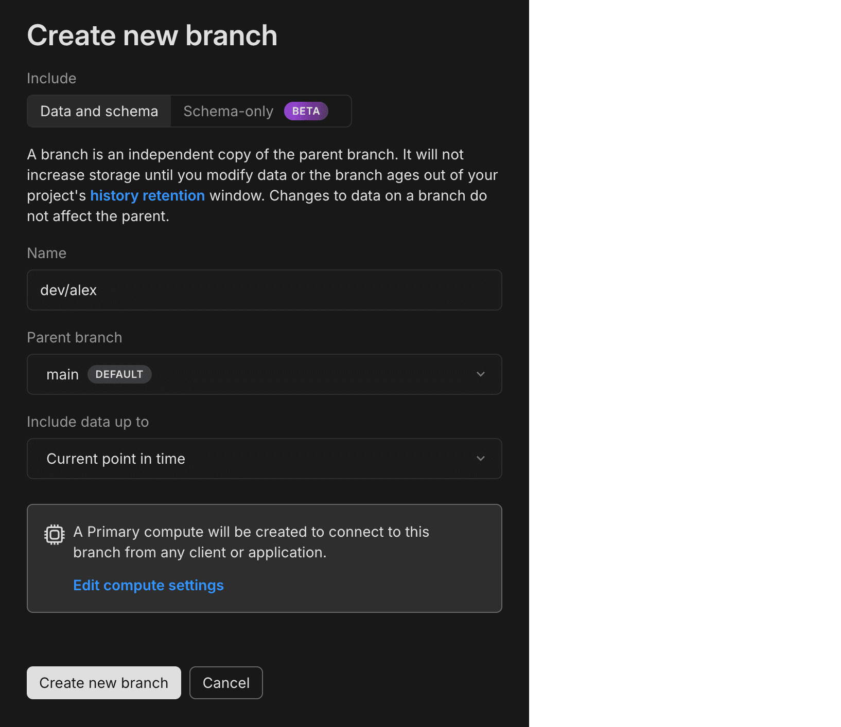 Create branch dialog